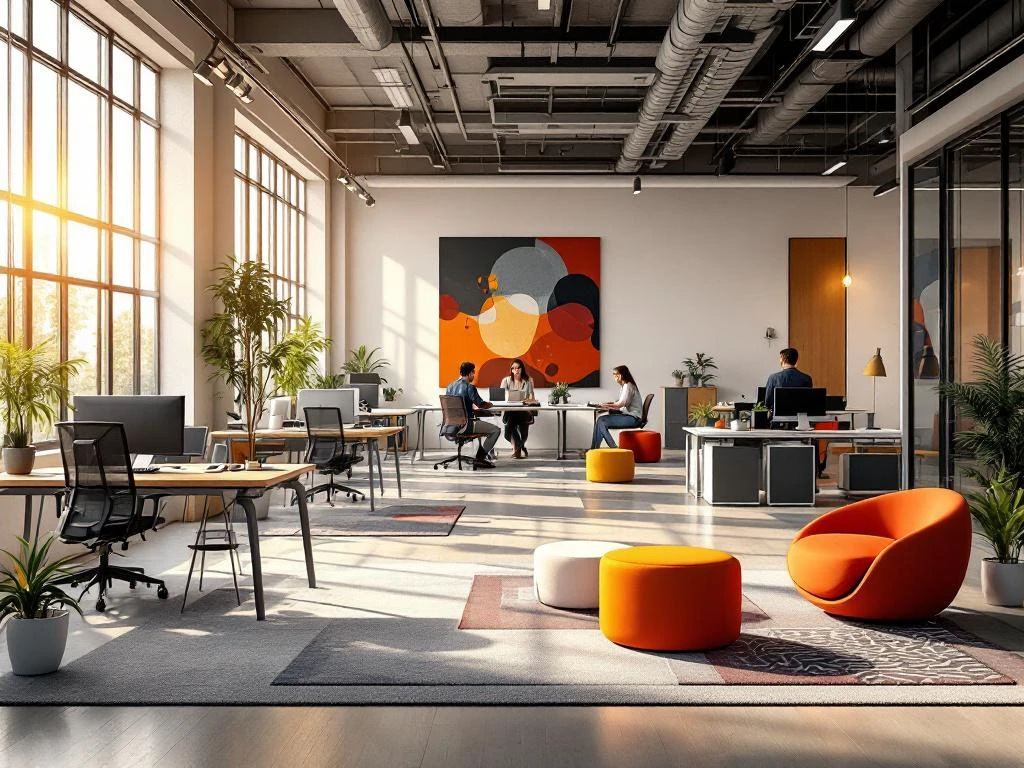 Moderne startup kantoorruimte met modulair meubilair, sta-bureaus en ergonomische stoelen in open werkplek met natuurlijk licht