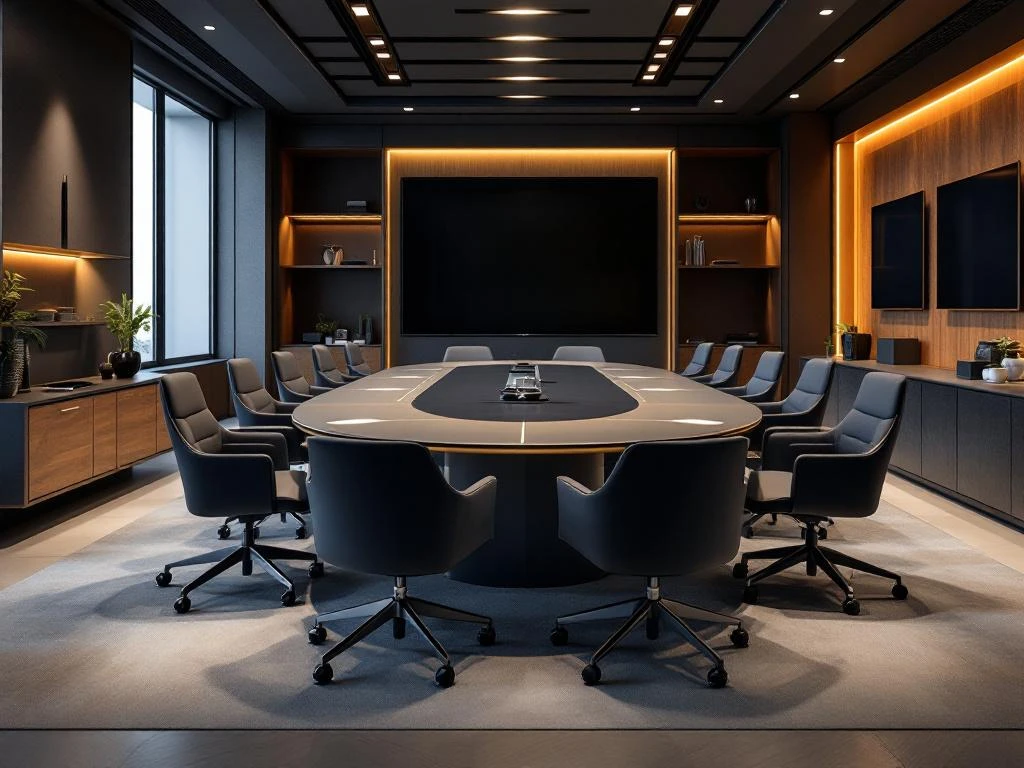 Moderne vergaderruimte met ovale tafel, ergonomische stoelen in donkere tinten en warme sfeerverlichting