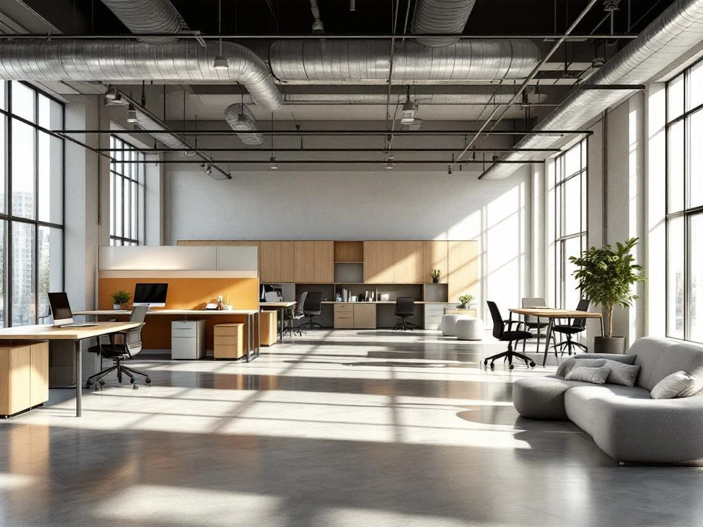 Moderne open kantoorruimte met modulaire meubilair, verstelbare bureaus en flexibele zithoeken in warme houttinten