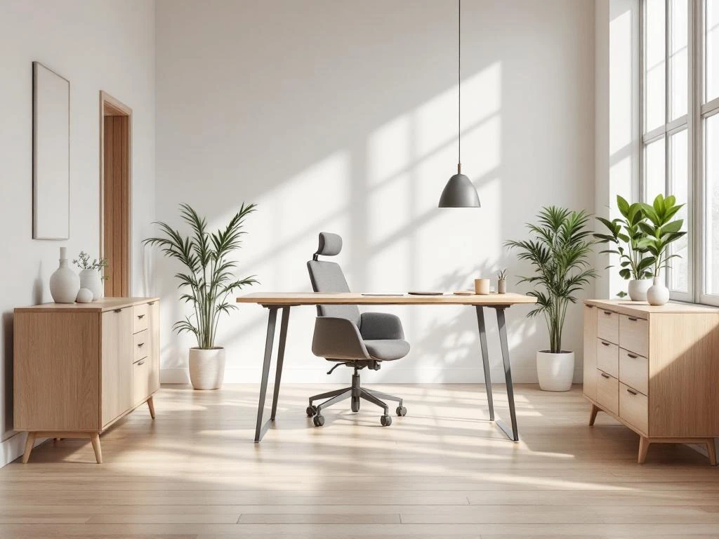Moderne Scandinavische kantoorwerkplek met lichthouten bureau, ergonomische stoel en natuurlijke verlichting