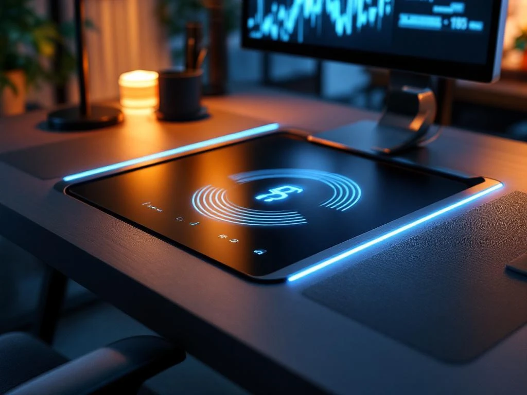 Moderne kantoortafel met draadloze oplader, touchscreen en slimme LED-verlichting naast ergonomische bureaustoel