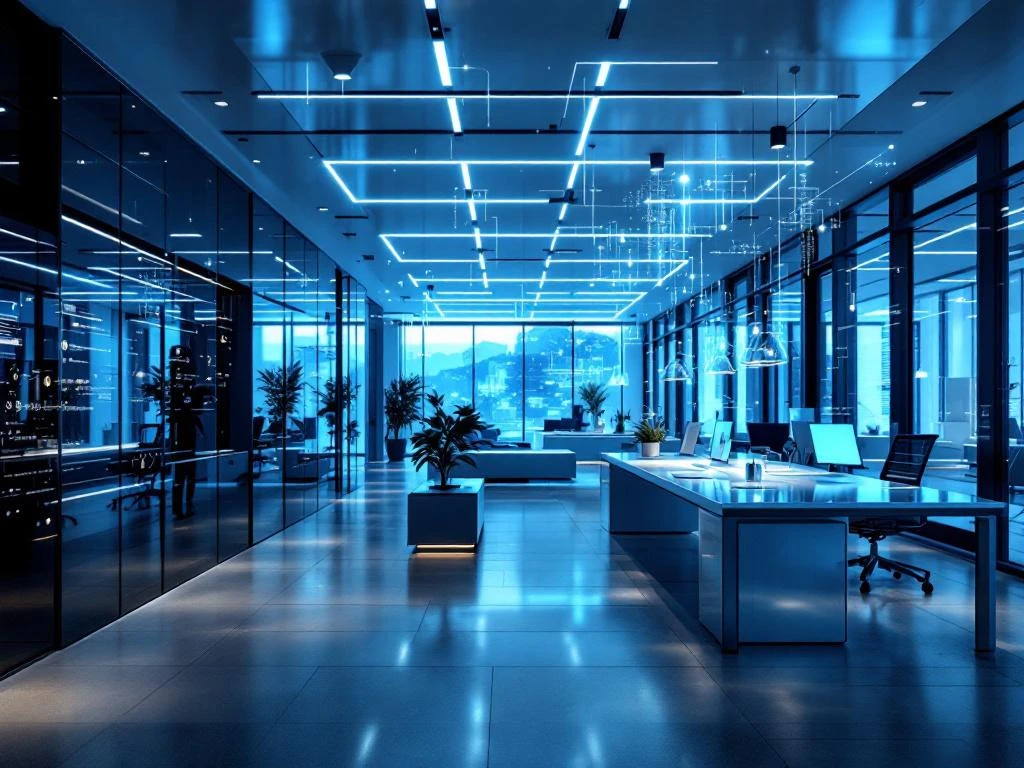 Moderne kantoorruimte met geïntegreerde IoT-sensoren en slimme technologie in minimalistische meubels