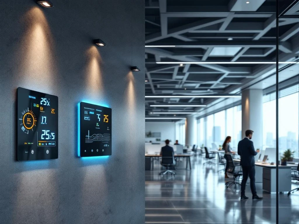 Moderne kantoorruimte met slimme klimaatbeheersing, thermostaten, werkstations en geautomatiseerde zonwering