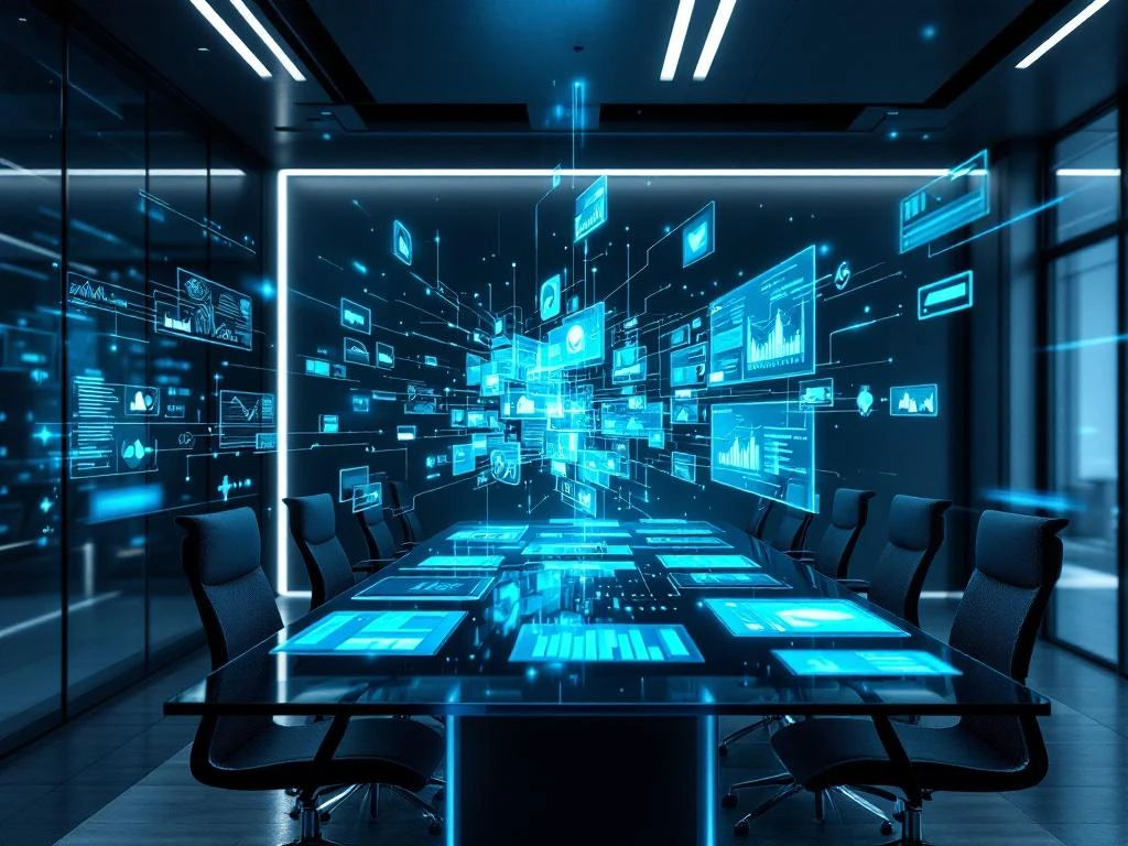 Modern kantoor met slimme technologie, IoT-sensoren en holografische data-visualisaties in blauw en groen licht