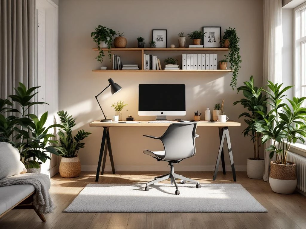 Moderne thuiswerkplek met houten bureau bij raam, ergonomische stoel, planten en georganiseerde opbergoplossingen