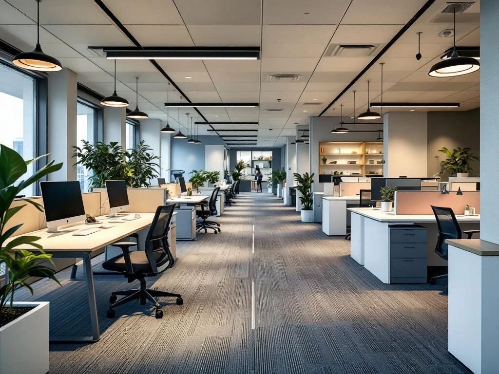 Modern toegankelijk kantoor met verstelbare bureaus, brede paden, rolstoeltoegankelijke werkplekken en inclusief ontwerp