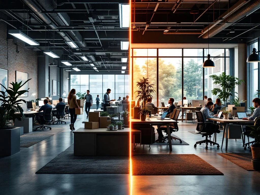 Kantooromgeving voor en na: links verouderde werkplek met vertrekkende medewerkers, rechts moderne werkruimte met tevreden professionals